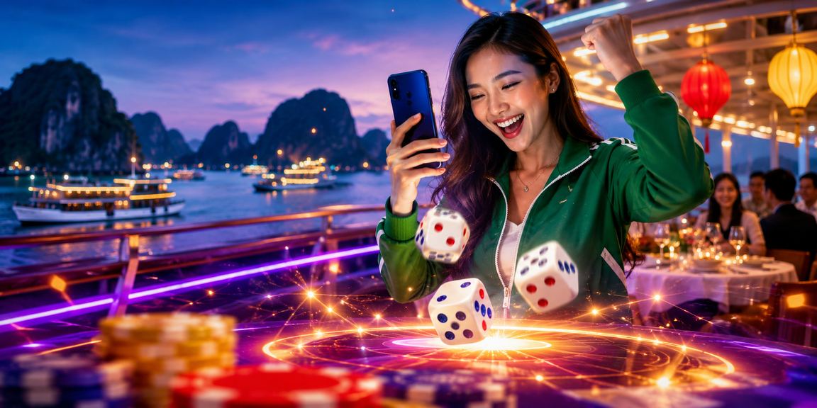 Xúc xắc tài xỉu neon bên vịnh Hạ Long – minh họa kèo tài xỉu trực tuyến